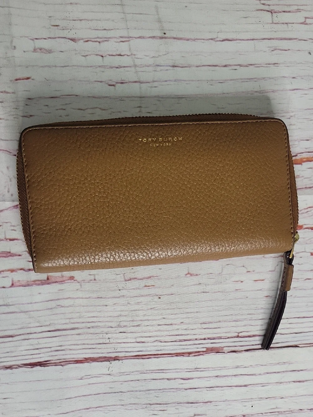 Tory Burch Pebble Grained Tan Leather Zip AROUND Wallet